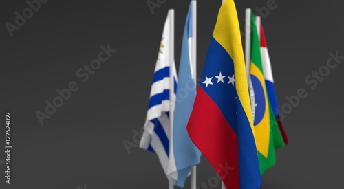 illustration 3d render, Flags of the five countries of the Mercosul economic bloc