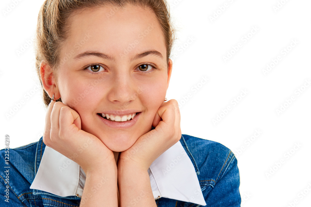 Portrait of a beautiful young woman close up on a white background Portrait of a beautiful young woman close up on a white background