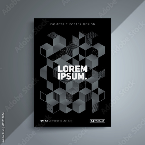 Brochure cover design. Monochrome isometric illustration. A4 format template for business card,poster,flyer etc.