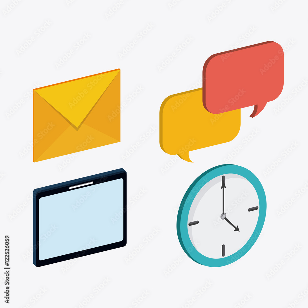 Envelope bubble tablet and clock icon. Big data center base and web hosting theme. Colorful design. Vector illustration Envelope bubble tablet and clock icon. Big data center base and web hosting theme. Colorful design. Vector illustration