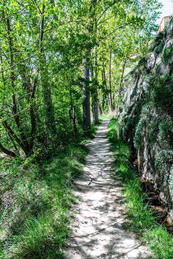 footpath in the shore of the river Guadalviar in the medieval Albarracin town in Teruel, Aragon, Spain footpath in the shore of the river Guadalviar in the medieval Albarracin town in Teruel, Aragon, Spain