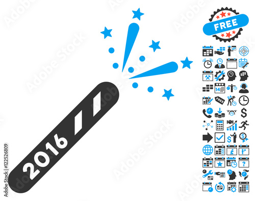 2016 Firecracker pictograph with bonus calendar and time management clip art. Vector illustration style is flat iconic bicolor symbols, blue and gray colors, white background.