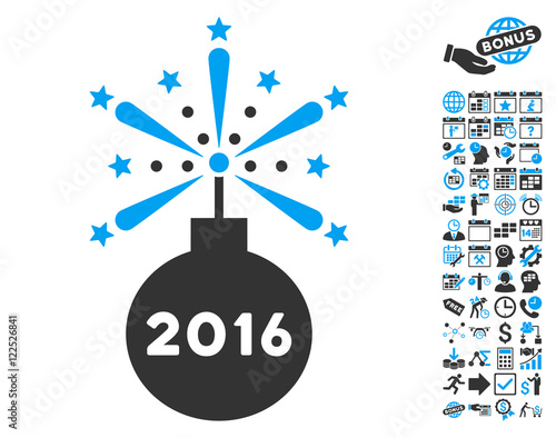2016 Fireworks Detonator pictograph with bonus calendar and time management design elements. Vector illustration style is flat iconic bicolor symbols, blue and gray colors, white background.