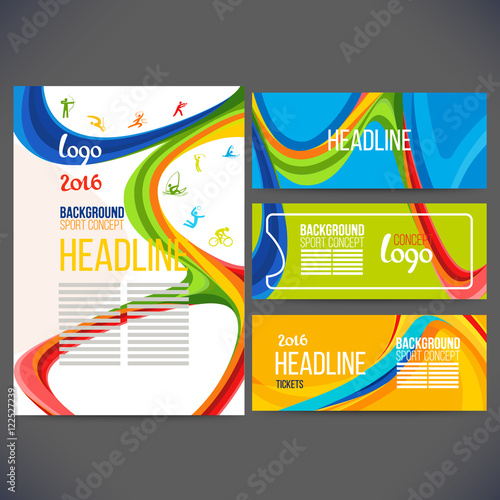 Vector composition of a wave of bands with different colors are intertwined including sport symbols.Concept brochure,page,leaflet, sport banners or ticket 2016 year with sign element.