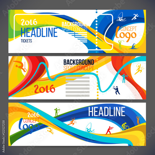 Vector composition of a wave of bands with different colors are intertwined including sport symbols.Concept brochure, web sites,page,leaflet,Design sport banners or ticket 2016 year with logo element.