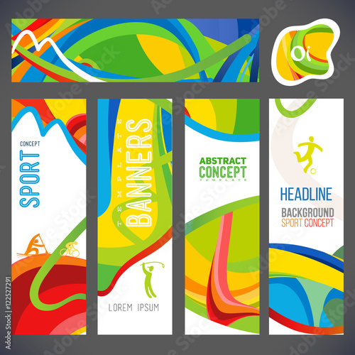 Vector composition of a wave of bands with different colors are intertwined including sport symbols.Concept brochure, web sites,page,leaflet,Design sport banners or ticket 2016 year with logo element.