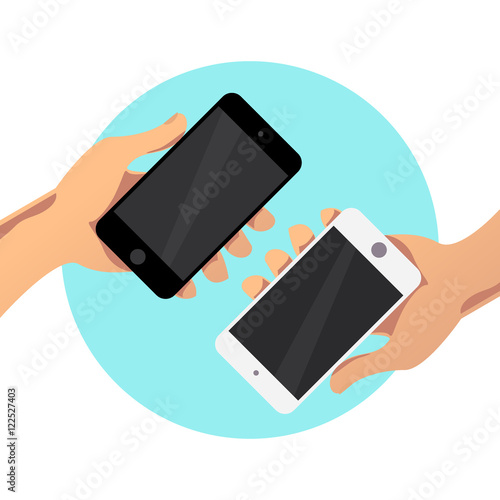 Vector flat simple illustration with human hand holding smartphone isolated on white background. Mock up. Good for app demonstration, web interface  screen illustration.
