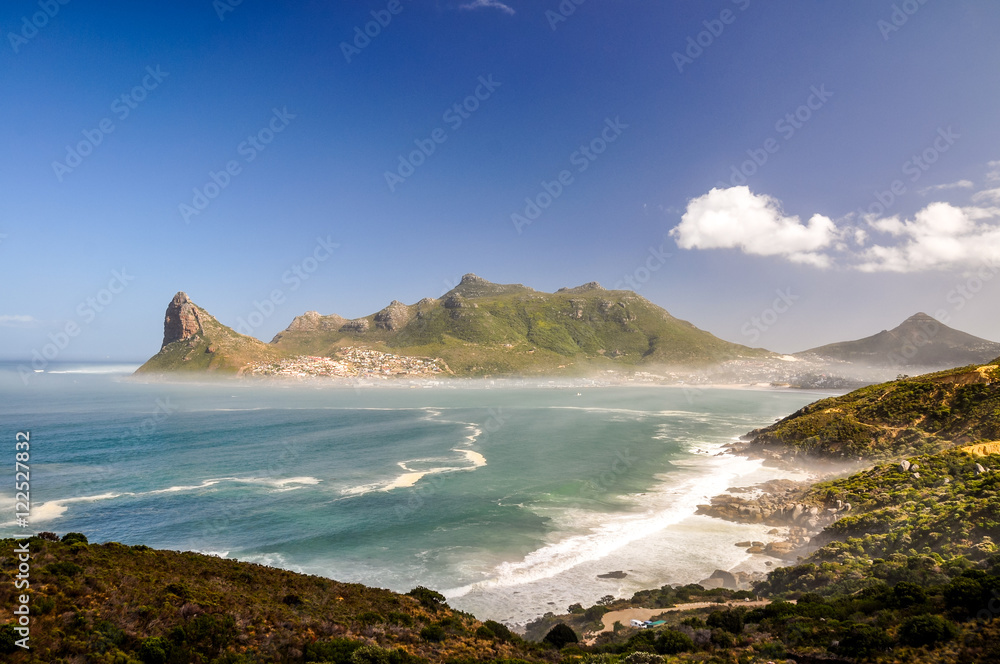 Hout Bay near Cape Town, Western Cape province, South Africa, seen from Chapman's Peak Drive. The mountain on the left is called 