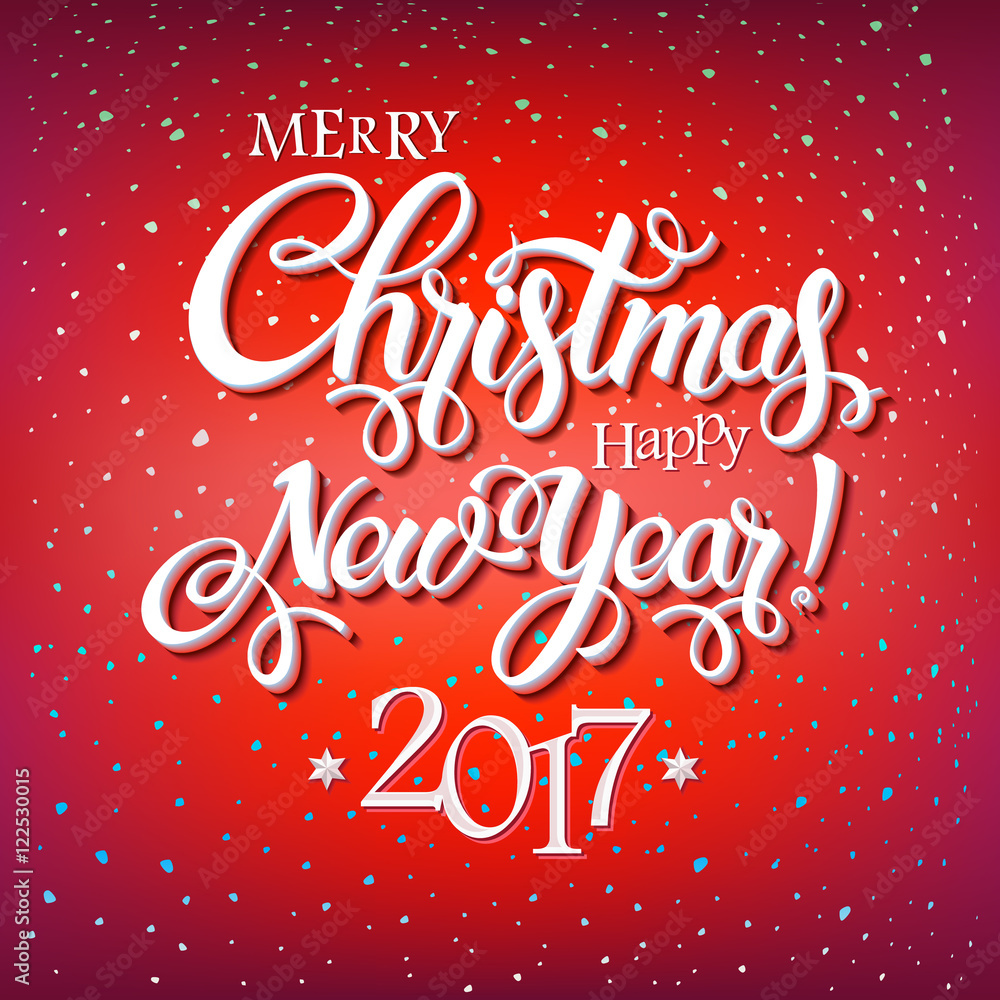 Merry Christmas and Happy New Year 2017 sign on reg background with snowflakes. Calligraphy text, poster template. Vector