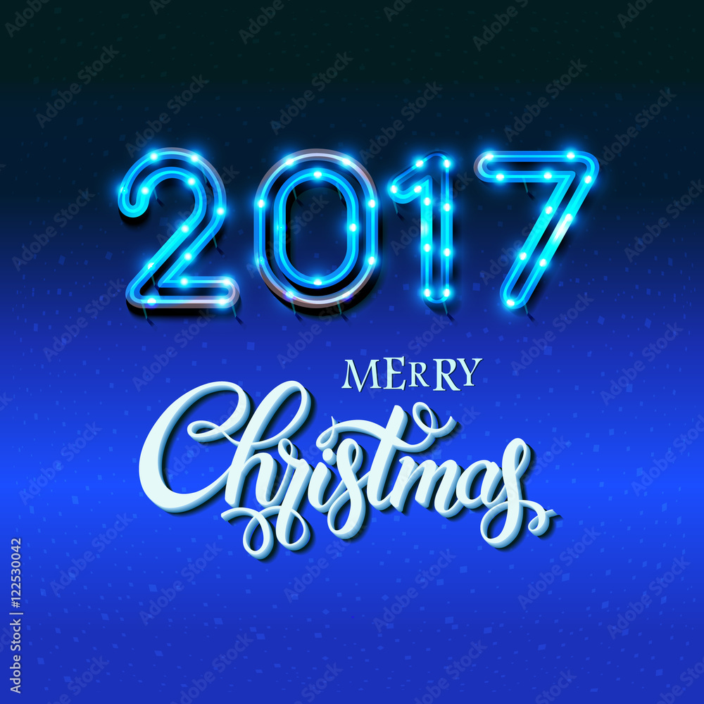 Merry Christmas 2017 sign on blue background with neon figures. Calligraphy text, poster template. Vector