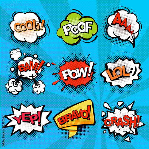 Speech and explosion bubbles on blue background with rays, comics background, symbols and sign crash, bravo, cool, lol. Vector isolate.