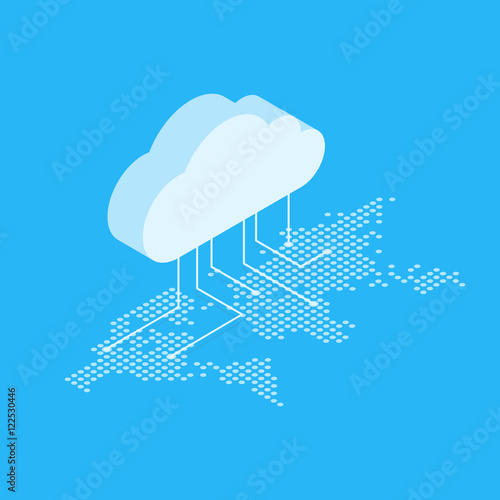 Isometric vector illustration showing the concept of cloud computing. From the cloud in the world map