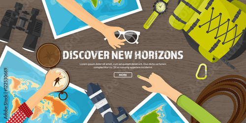 Travel and tourism. Flat style. World, earth map. Globe. Trip, tour, journey, summer holidays. Travelling,exploring worldwide. Adventure,expedition. Table, workplace. Traveler. Navigation.