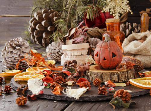 decorative pumpkin for Halloween with dried flowers