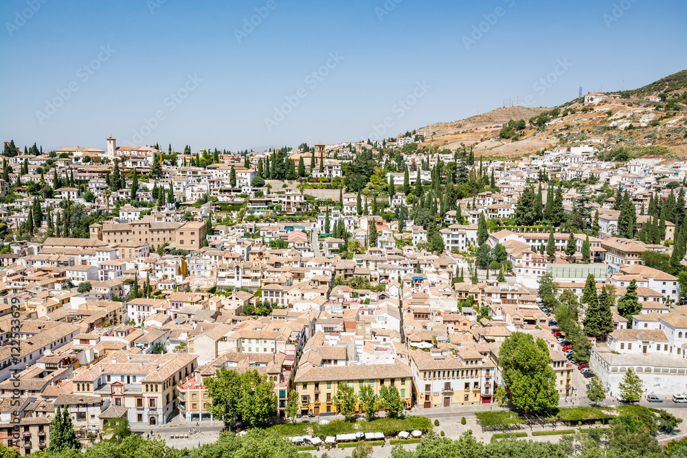 Panoramic view of the Albaycin (Albaicin, Albayzín, Albaicín), an old Muslim district in Granada, Spain 