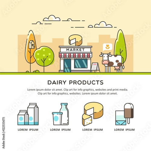 Fresh natural dairy products. Outdoor milk store. Vector illustration