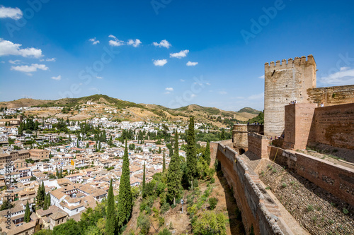Panoramic view of Alcazaba of Alhambra and Albaycin (Albaicin, Albayzín, Albaicín), an old Muslim district of Granada, Spain