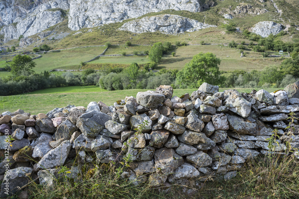 Stone wall in in Valle del Lago, one of fifteen parishes in Somiedo, a municipality located in the central area of the Cantabrian Mountains, Principality of Asturias, Spain