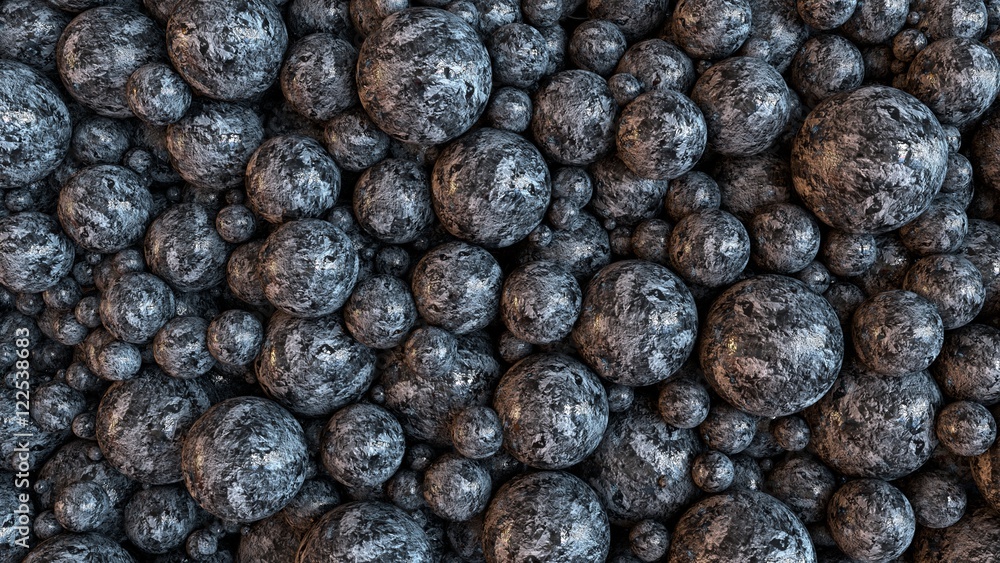 A mass of small dark glossy stone balls. 3D rendering. Abstract background. A mass of small dark glossy stone balls. 3D rendering. Abstract background.