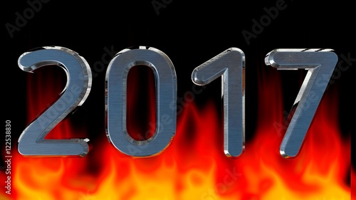 Silver 2017 digits on a flame background. 3D Render.