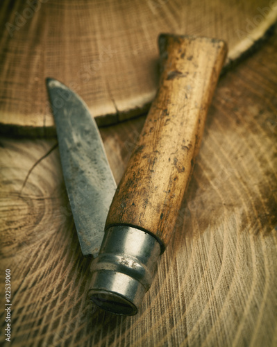 Well used pocketknife with rough wooden handle and blade with scrapes from use resting on natural slices of wood.