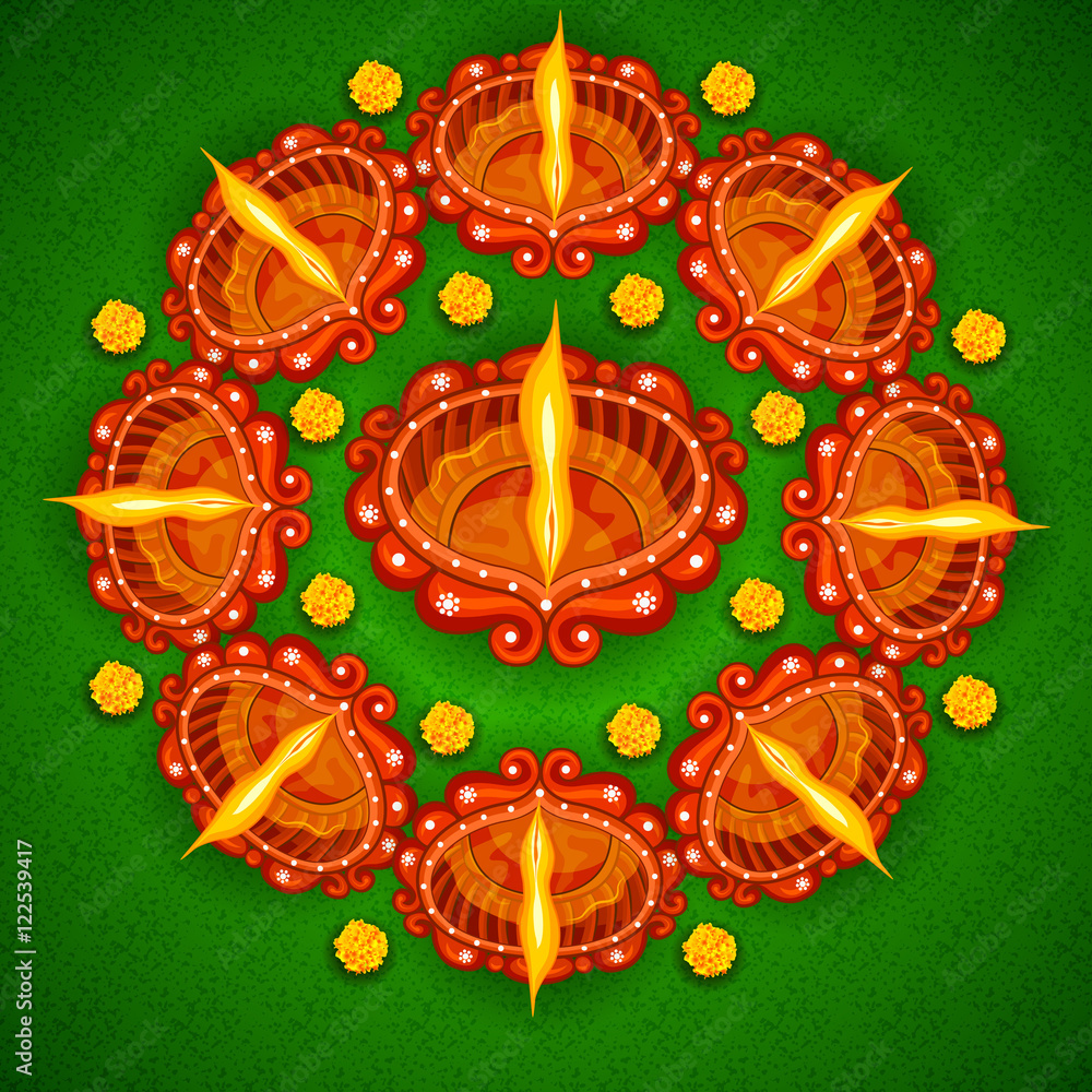 Decorated diya for Happy Diwali holiday background