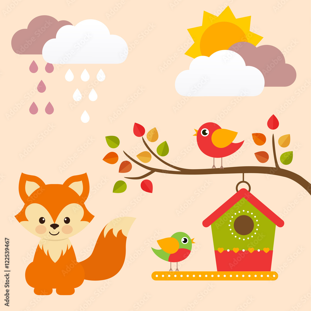autumn birds on a branch and fox autumn birds on a branch and fox