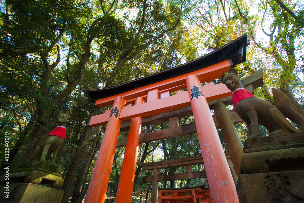 Red Torii pole tunnel at Fushimi Inari Shrine, each pole written names of donator , Kyoto Japan Red Torii pole tunnel at Fushimi Inari Shrine, each pole written names of donator , Kyoto Japan