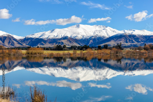 Reflection of snowy mountains near Fairlie  New Zealand