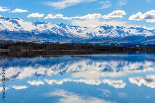 Reflection of snowy mountains near Fairlie, New Zealand