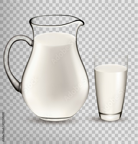 Natural Whole Milk In Jug And Glass isolated On Transparent Back