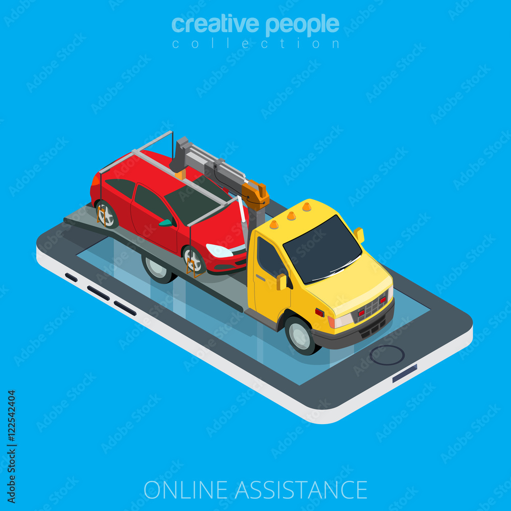Flat 3d isometric tow truck evacuator car online mobile vector Flat 3d isometric tow truck evacuator car online mobile vector