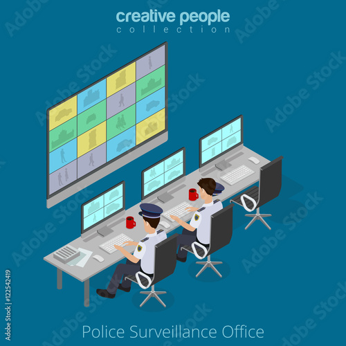 Flat isometric Policemen watch monitor vector illustration. 3d