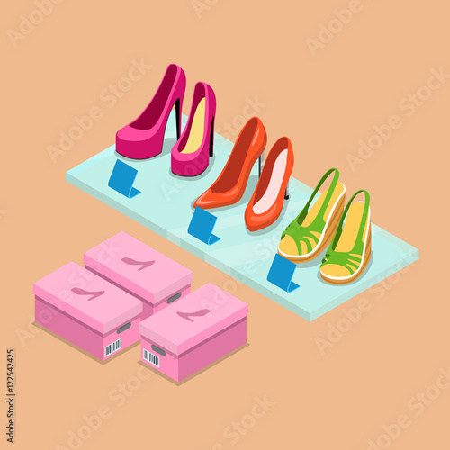 Flat isometric shoes boutique shelf store business vector 3d