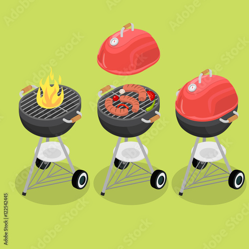 Flat isometric grill barbecue equipment vector. 3d burning fire