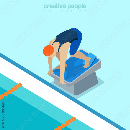 Flat isometric swimmer pedestal vector illustration Sportsman 3d