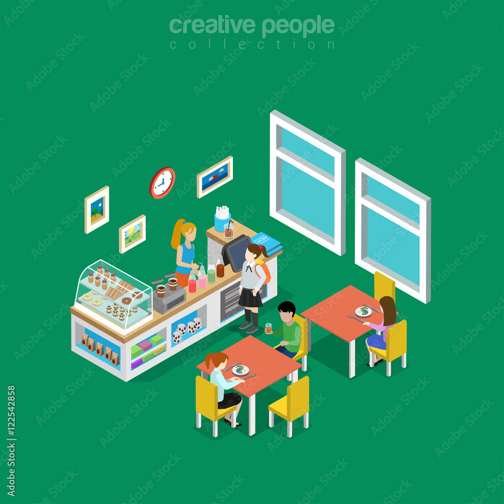 Isometric flat Food drink 3d cafe room interior school vector. Isometric flat Food drink 3d cafe room interior school vector.