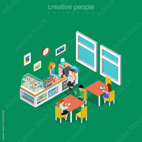 Isometric flat Food drink 3d cafe room interior school vector.