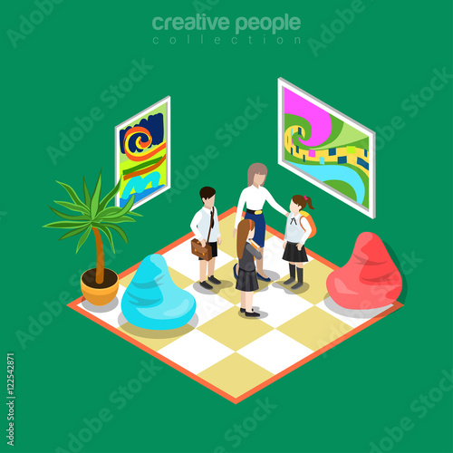Isometric flat Education teacher student art gallery vector