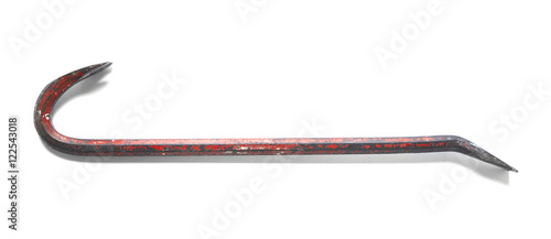 A red curved metal crow bar isolated on a white background