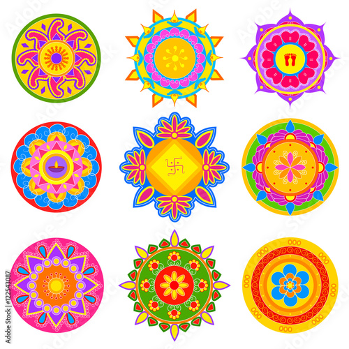 Collection of colorful rangoli pattern for India festival decoration
