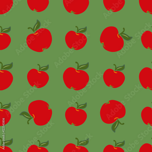 Red apples abstract seamless pattern on green background.