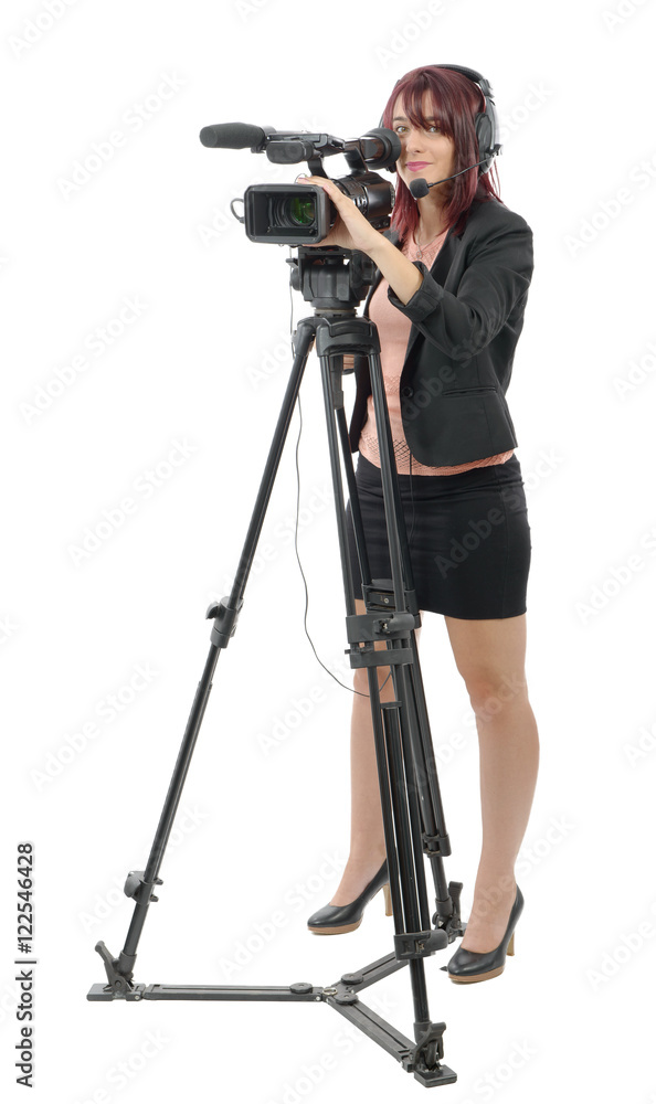 young woman with a professional video camera