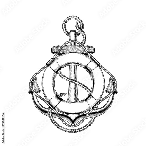 Vector illustration of an old nautical anchor and life buoy