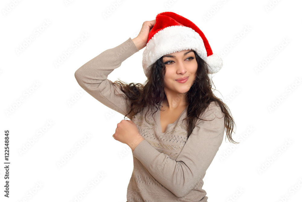 girl in santa hat portrait on white background, christmas holiday concept girl in santa hat portrait on white background, christmas holiday concept