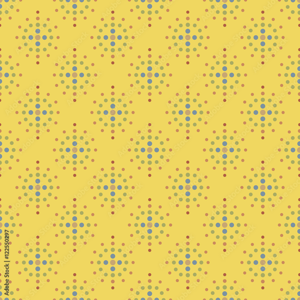 Abstract with multicolored polka dots seamless pattern on yellow background