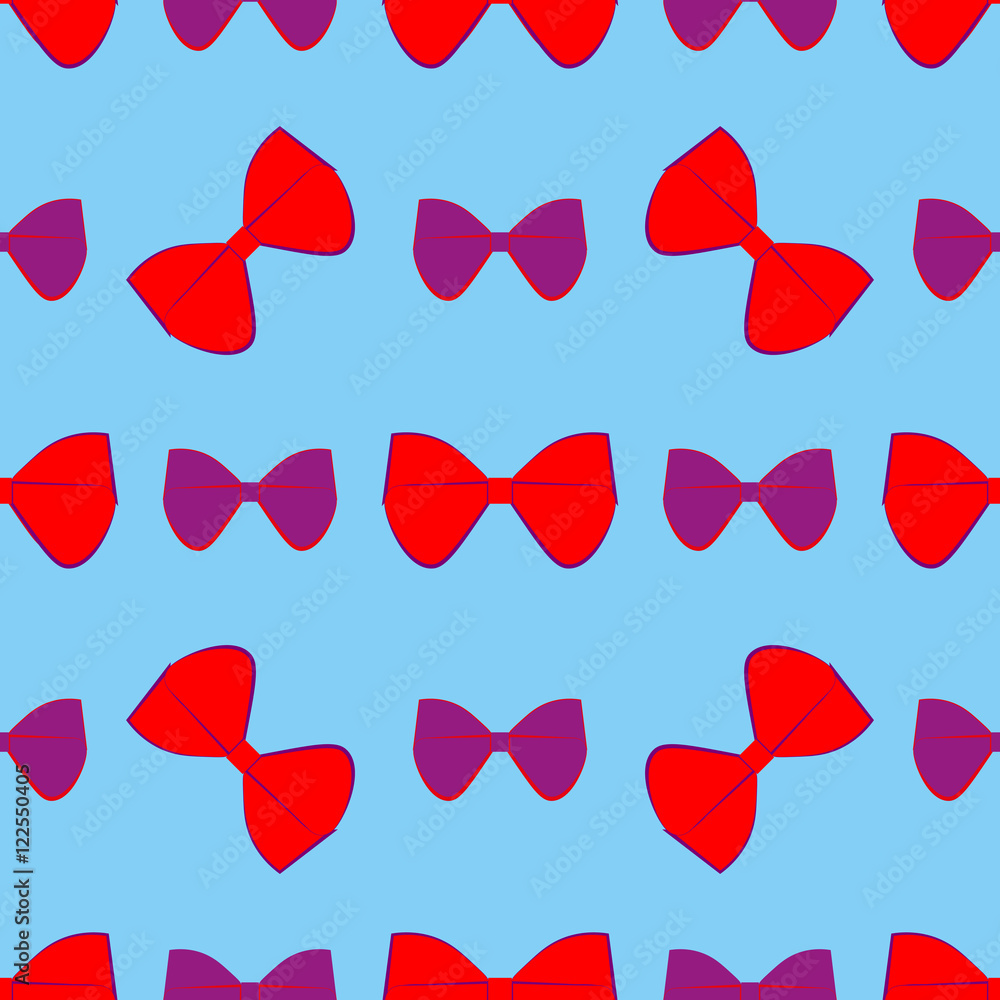 Red and purple bows geometric seamless pattern on blue background