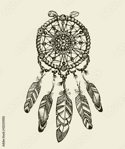 Hand drawn dreamcatcher with feathers. Vintage Indian amulet  ethnic patterns