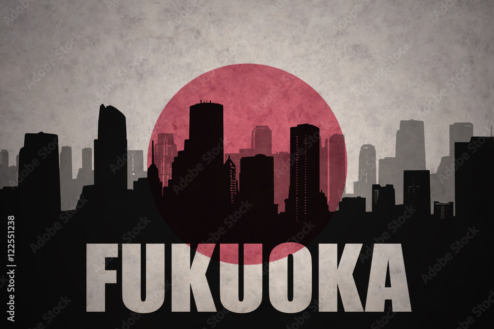 abstract silhouette of the city with text Fukuoka at the vintage japanese flag background