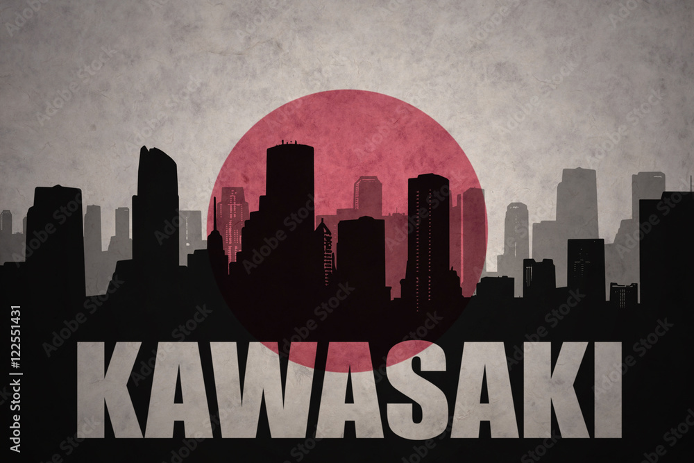 abstract silhouette of the city with text Kawasaki at the vintage japanese flag background